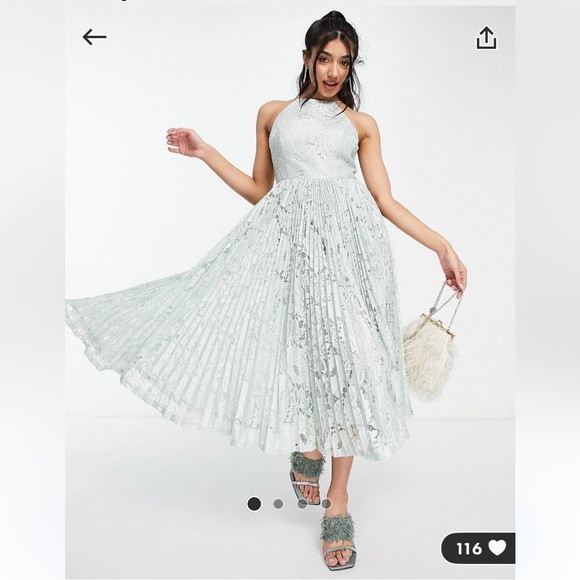 ASOS DESIGN NWT Pinny Midi Prom Dress Pleated Lace Sage Green Size 6 - Picture 5 of 6